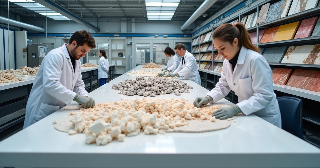 Laboratório criando mármore sintético com resíduos minerais 