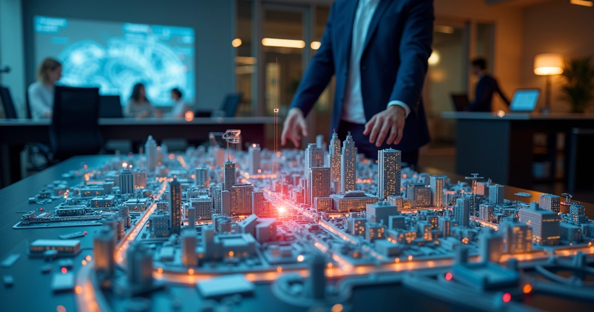 Profissional analisa maquete de cidade com áreas iluminadas e escurecidas 