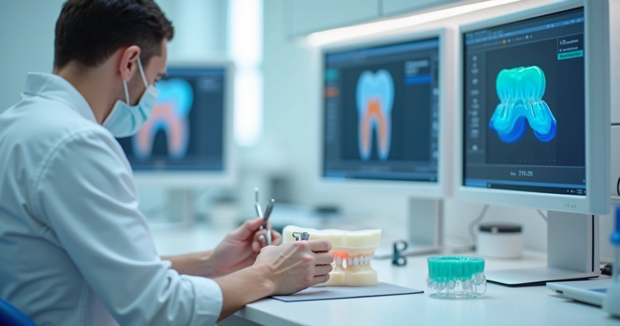 Laboratório de prótese odontológica com equipamentos CAD-CAM e protéticos manipulando modelo digital