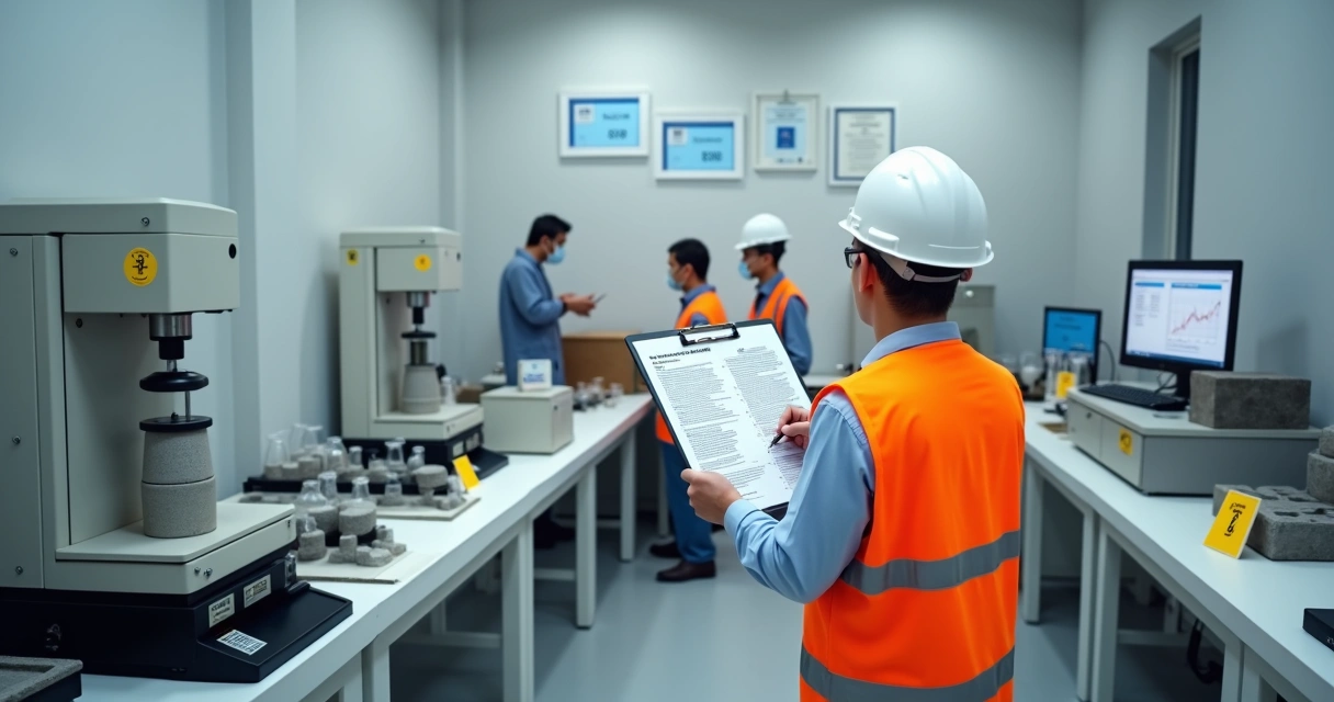 Engenheiro avaliando laboratório de ensaios da construção civil com checklist em prancheta 