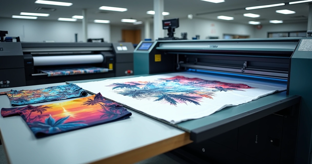 Estação de sublimação com camisetas estampadas coloridas em bancada 