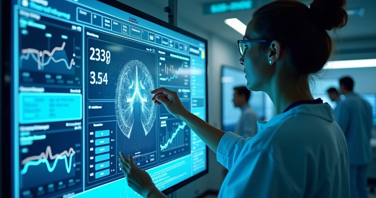 Laboratório moderno com equipamentos conectados por sensores e equipe analisando alertas na tela 