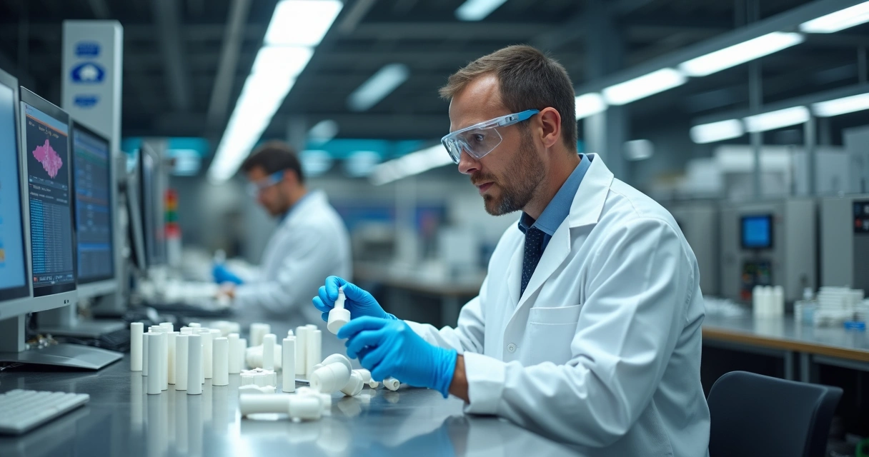 Técnico avalia peças de PTFE em laboratório industrial 