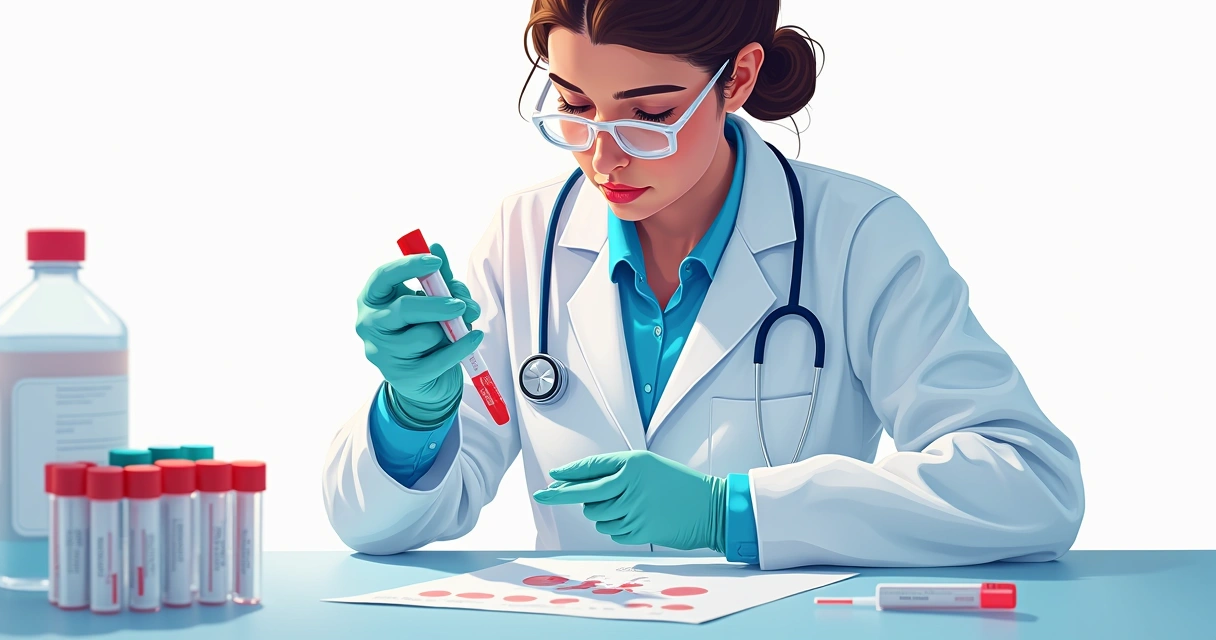 Entendendo o diagnóstico sorológico da infecção por HIV 2 Profissional de laboratório analisando teste rápido de HIV ao lado de tubos de ensaio