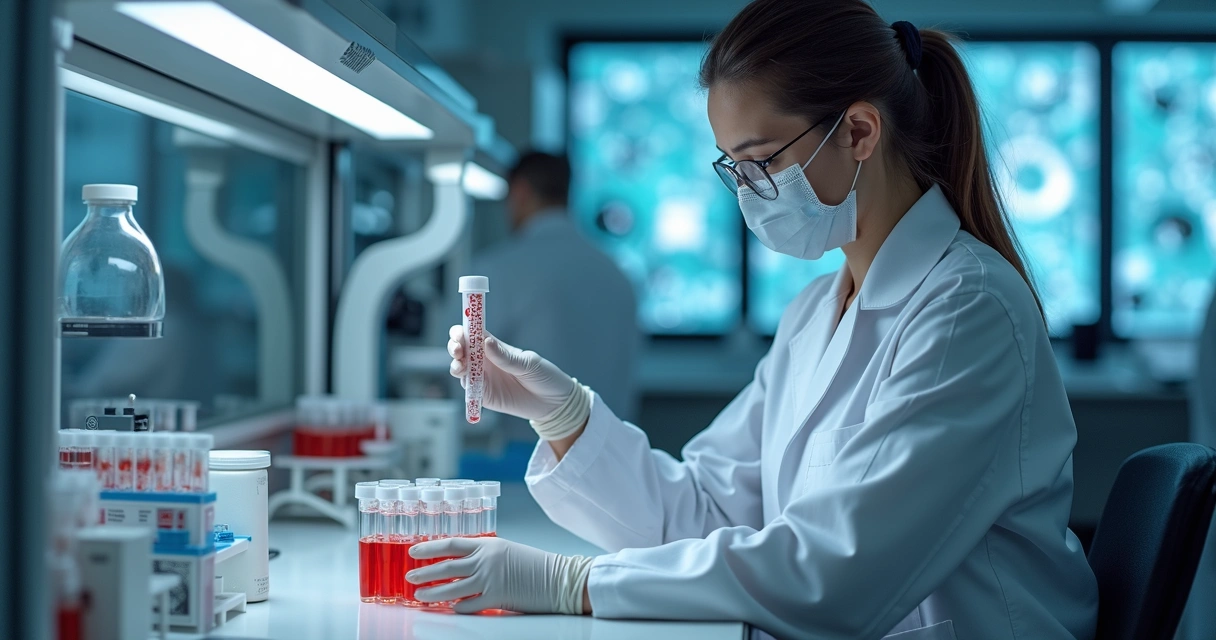 Profissional em laboratório realizando teste de compatibilidade HLA utilizando tubos de ensaio 