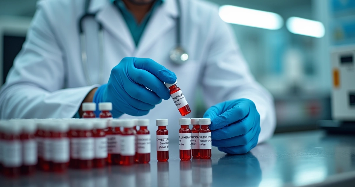 Mãos colocando tubos de sangue etiquetados em suportes em laboratório moderno 