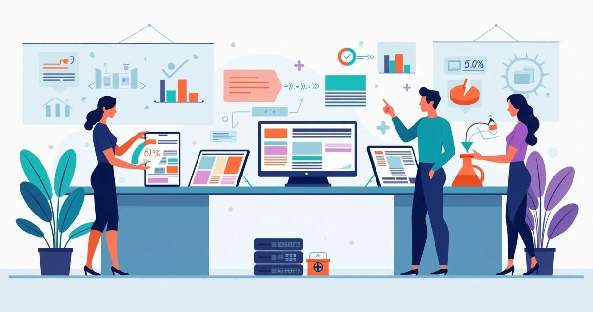 Laboratório criativo de agência testando múltiplas landing pages em telas digitais 
