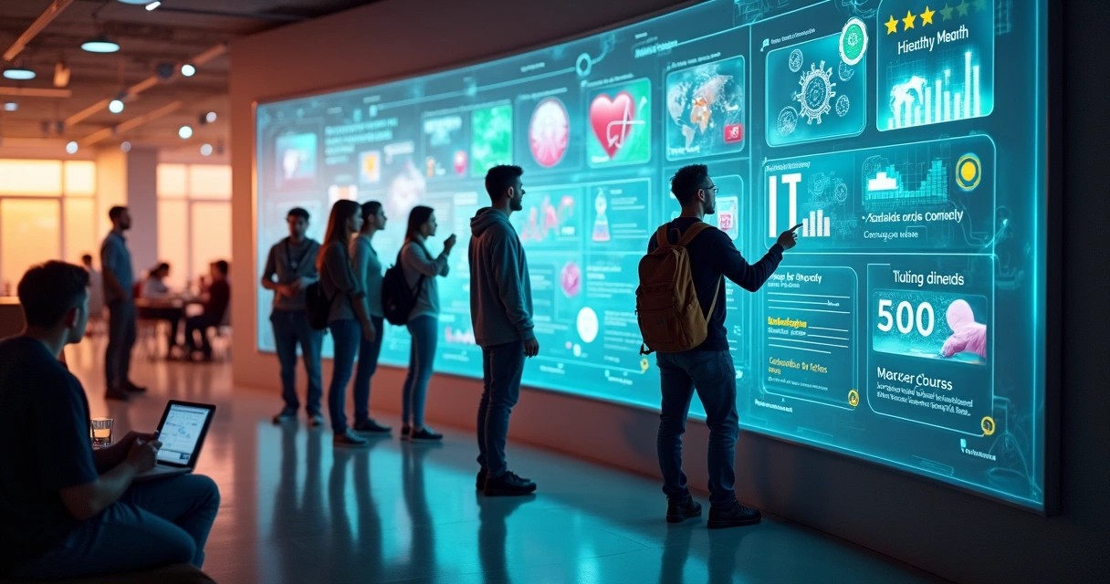 Turma diversa explorando painel digital com áreas de cursos técnicos EaD 
