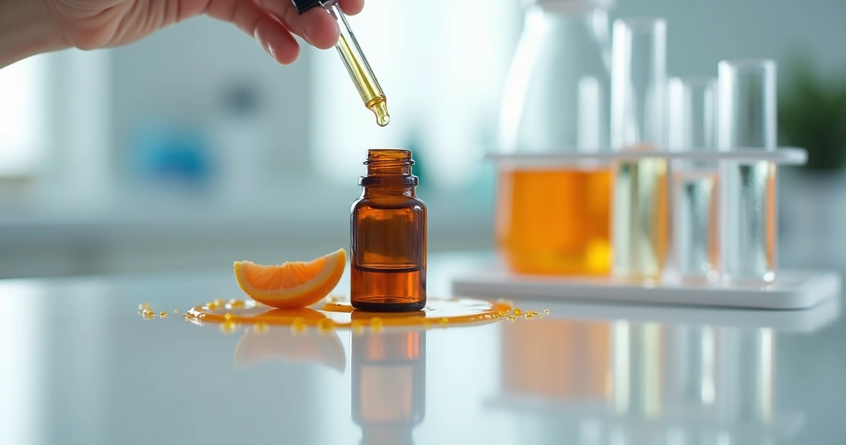 Vidro com sérum manipulado de vitamina C e equipamento de laboratório branco