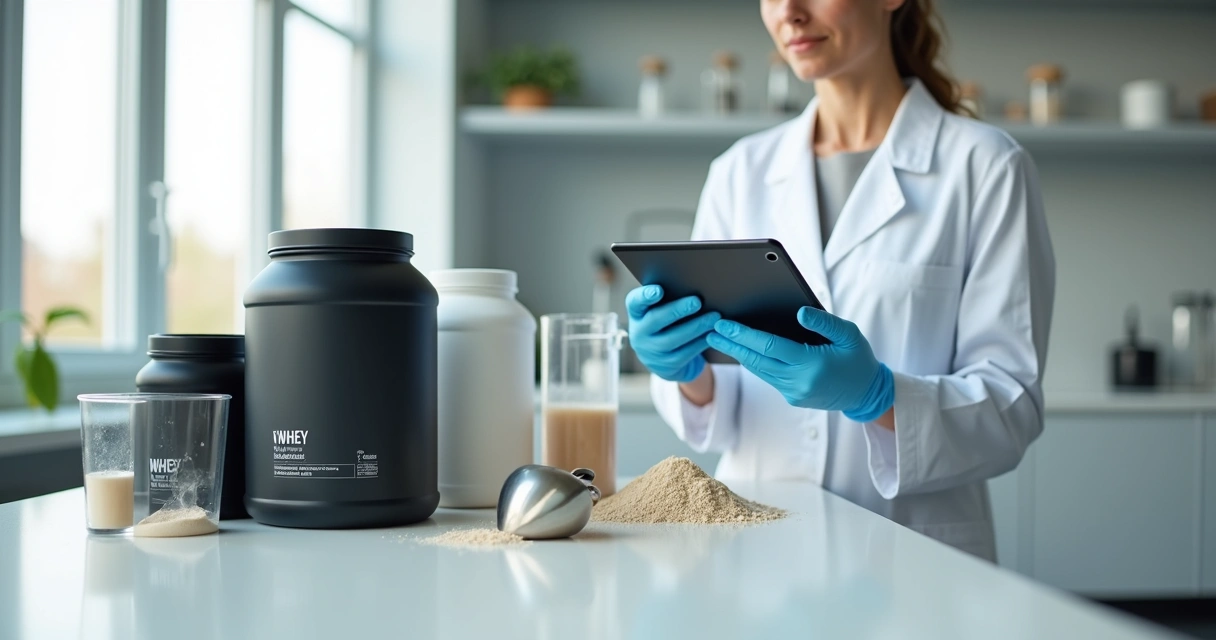 Nutricionista avaliando rótulo de pote de whey protein em bancada de laboratório moderno 