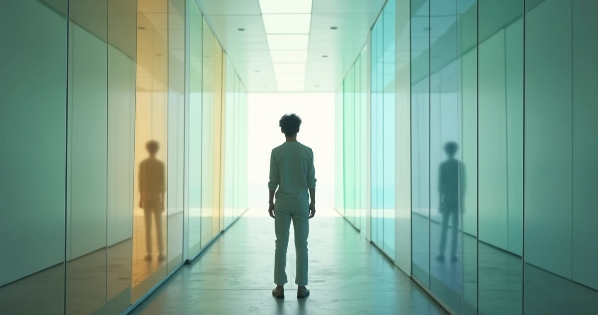 Person standing in luminous indoor labyrinth corridor crossroads 