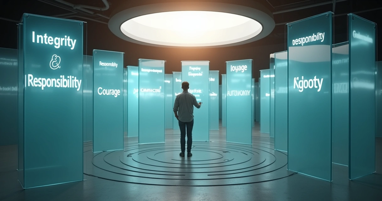 Person in glass labyrinth outlined by glowing value words 