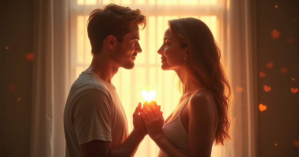 Laço de energia ligando duas pessoas em um ambiente iluminado 