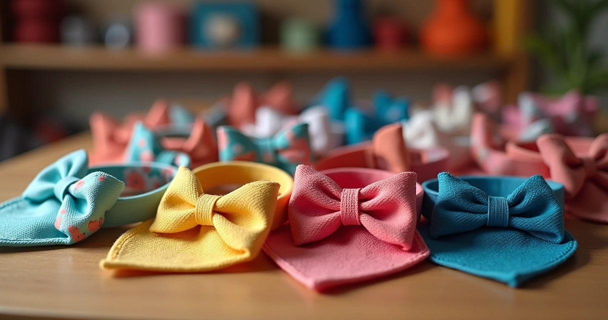 Laços coloridos, gravatinhas e bandanas dispostas sobre uma mesa de petshop.