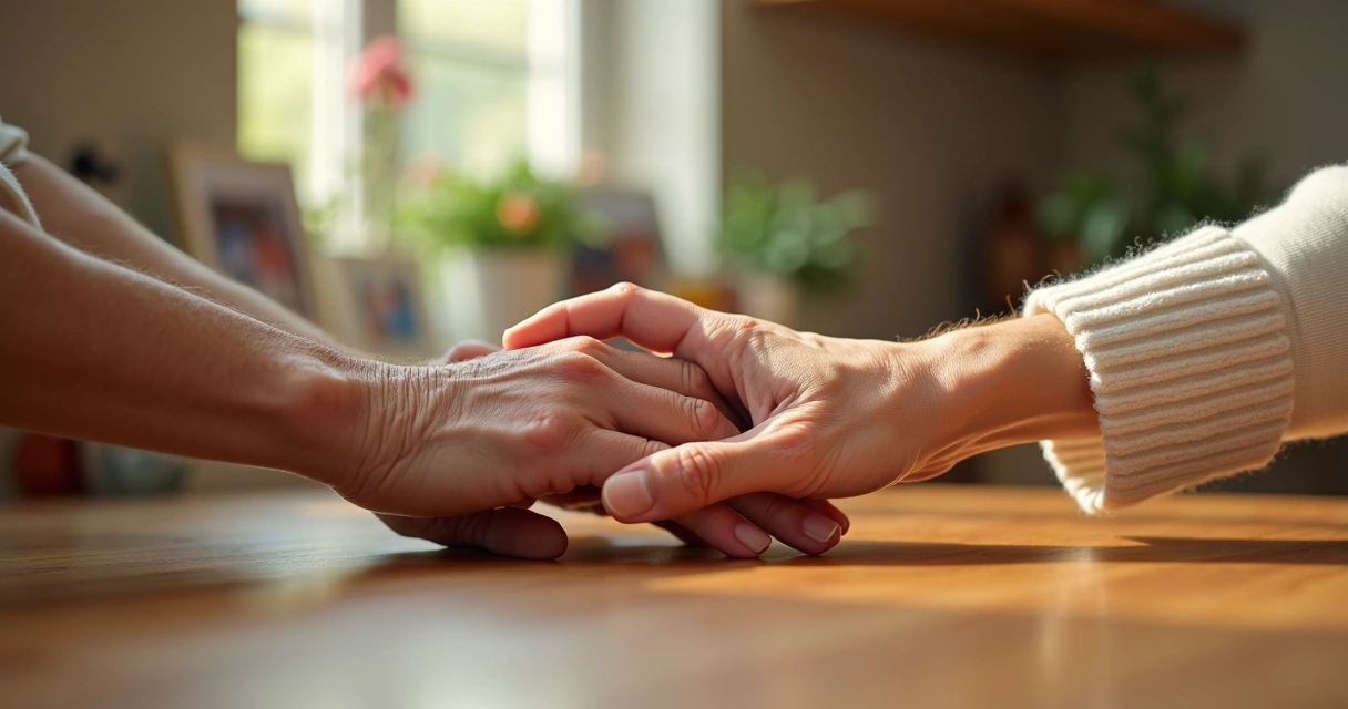Duas pessoas de mãos dadas, uma mais jovem e outra mais velha, mostrando união familiar. 