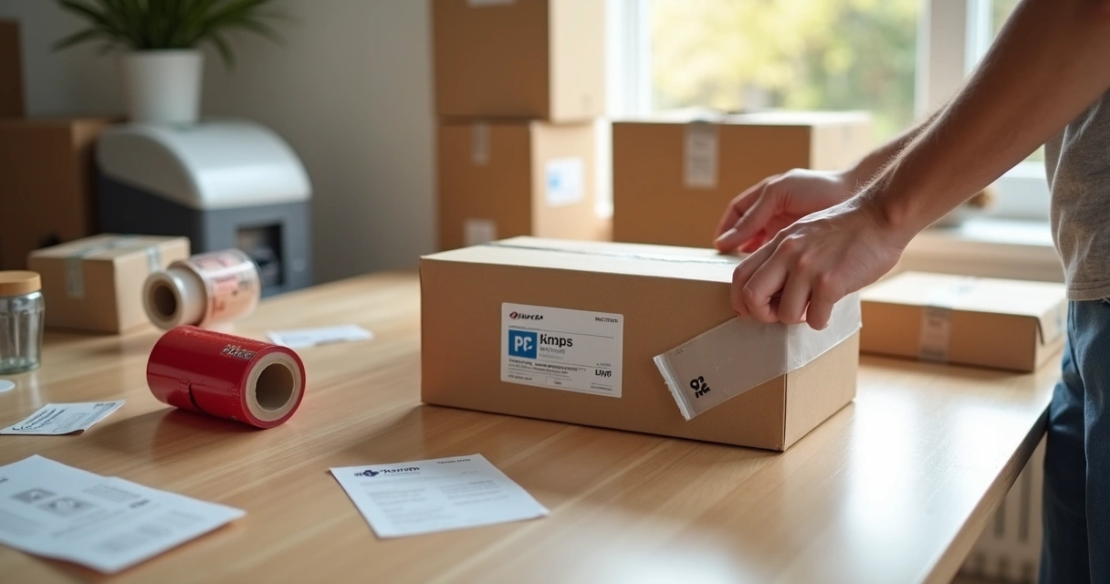 Mão aplicando lacre adesivo personalizado em caixa de envio de papelão 