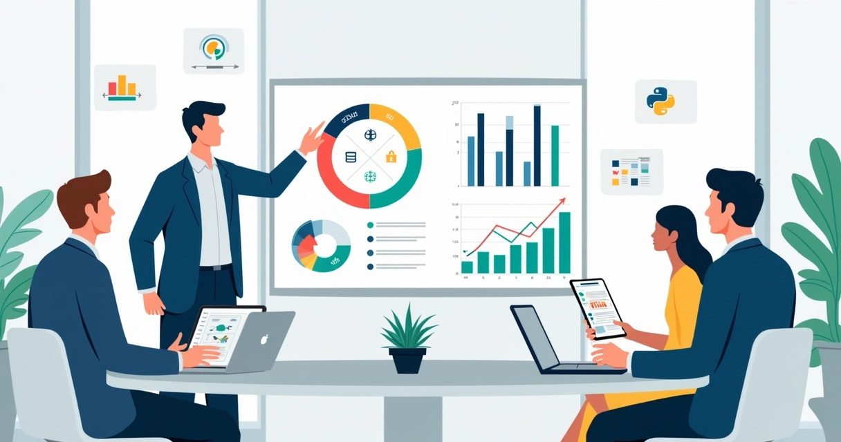 Equipe corporativa analisando painel de dados e lacunas de habilidades 