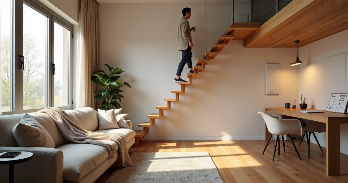 Person climbing a ladder from a soft lounge to a bright structured workspace 