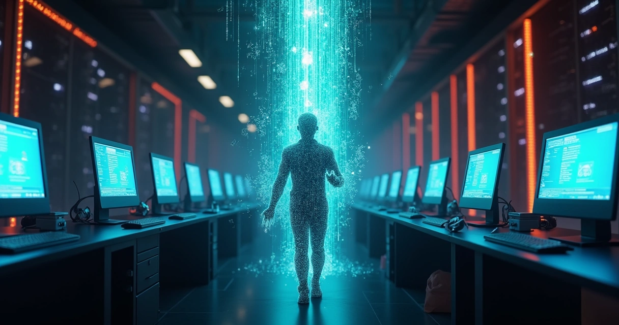 Silhueta digital recolhendo dados coloridos de vários computadores corporativos 