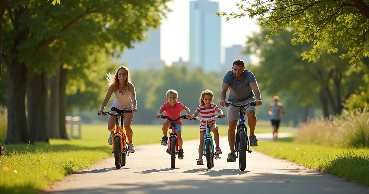 Family biking on trail near Lady Bird Lake with Austin skyline