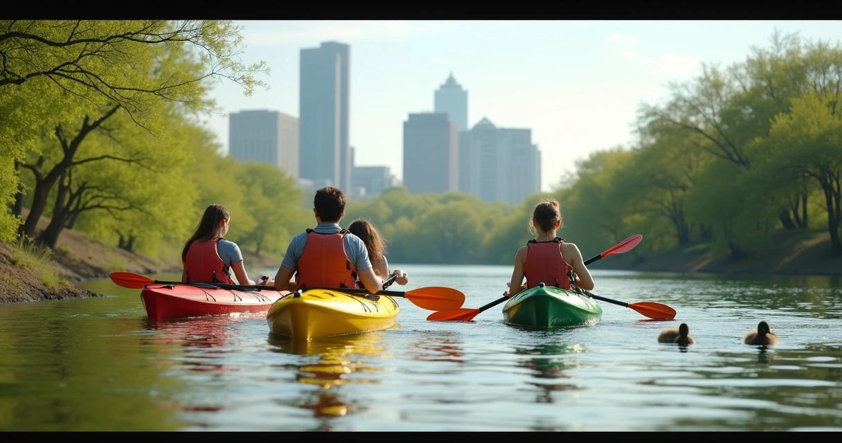 Family kayaking on Lady Bird Lake with downtown Austin skyline and trees.