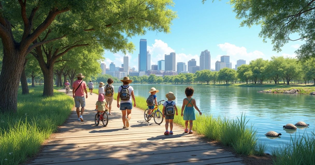 Families with children walking on Lady Bird Lake trail with city skyline in background