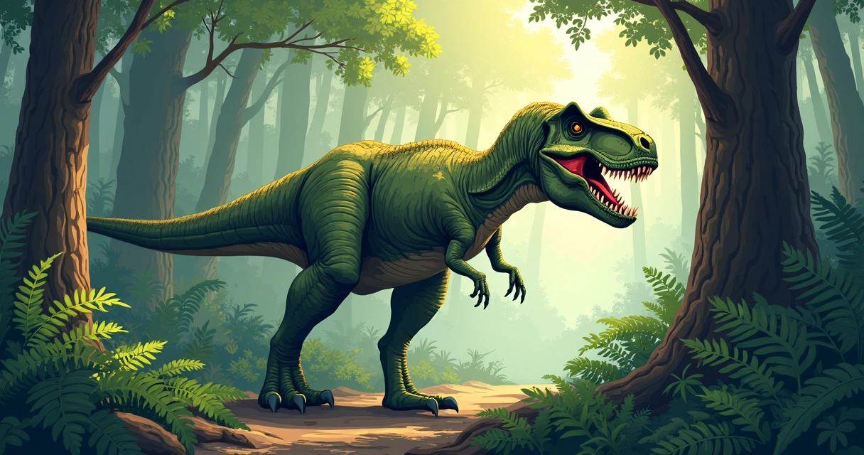 Ilustração de um T. rex caminhando em uma floresta pré-histórica 