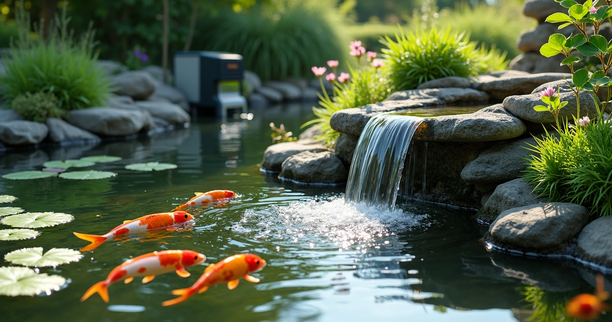 Lago ornamental com cascata e plantas aquáticas 