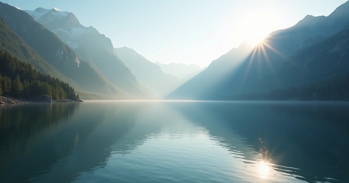Lago tranquilo refletindo montanhas em um dia claro