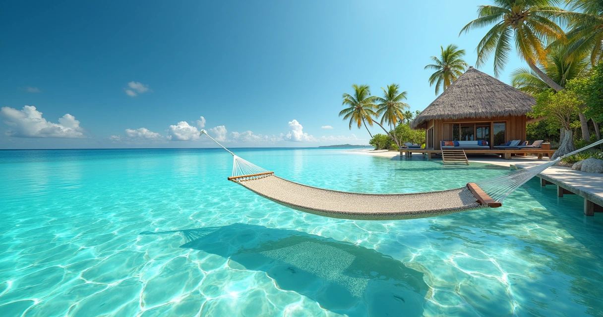 Rede sobre águas cristalinas da lagoa em Jericoacoara com bangalô ao fundo 