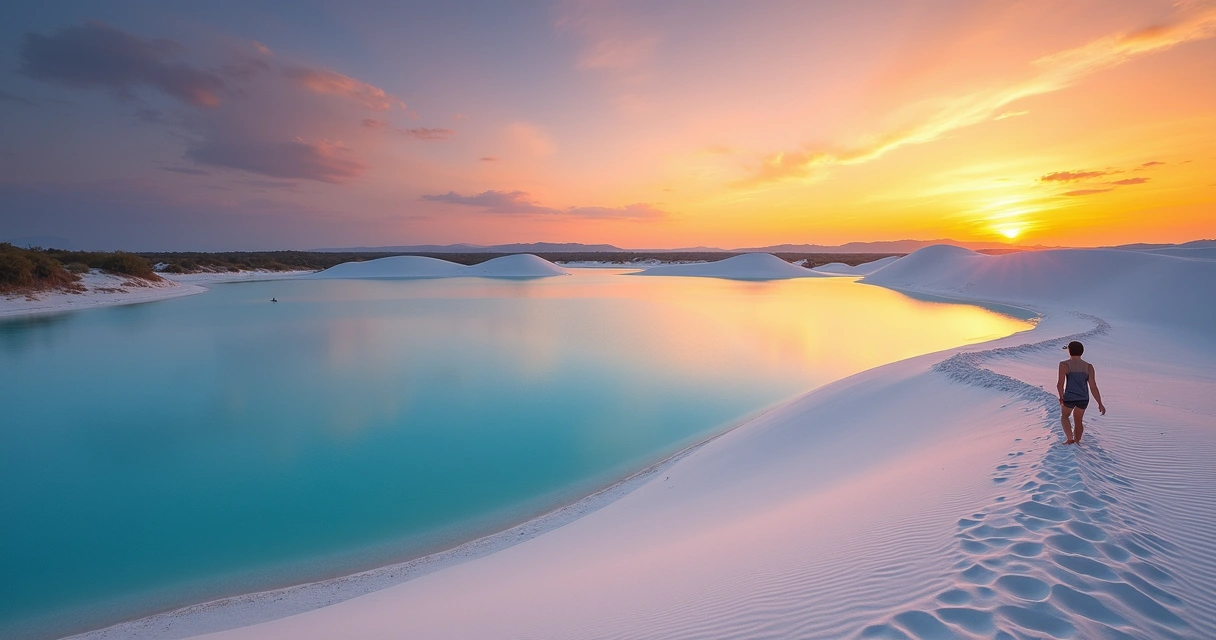 Lagoas entre dunas de areia nos Lençóis Maranhenses ao entardecer 