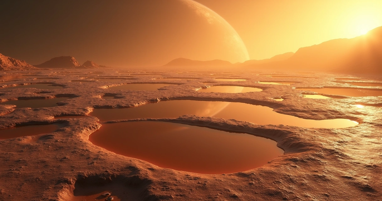 Lagos de metano em Titã refletindo luz dourada sob céu espesso. 