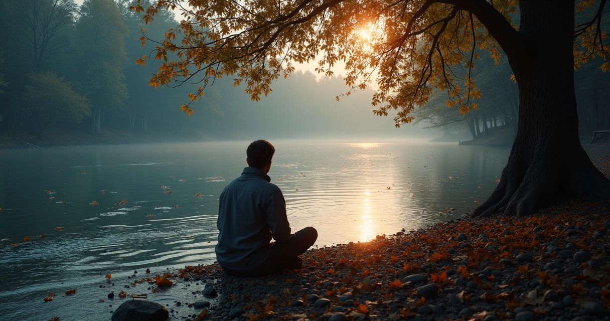 Person by a river reflecting on emotions with Laguz rune symbol 