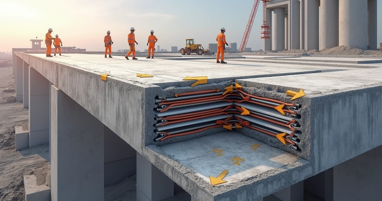 Corte esquemático de laje protendida, mostrando cabos de aço tensionados no concreto 