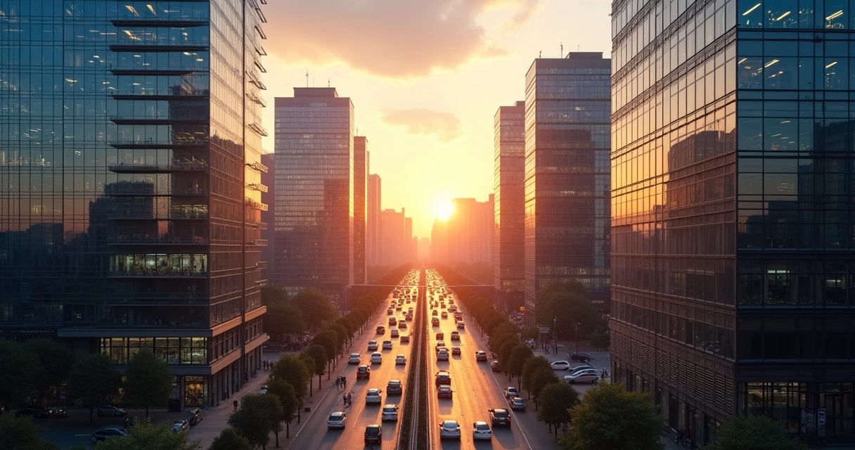 Vista panorâmica de lajes corporativas com prédios comerciais 