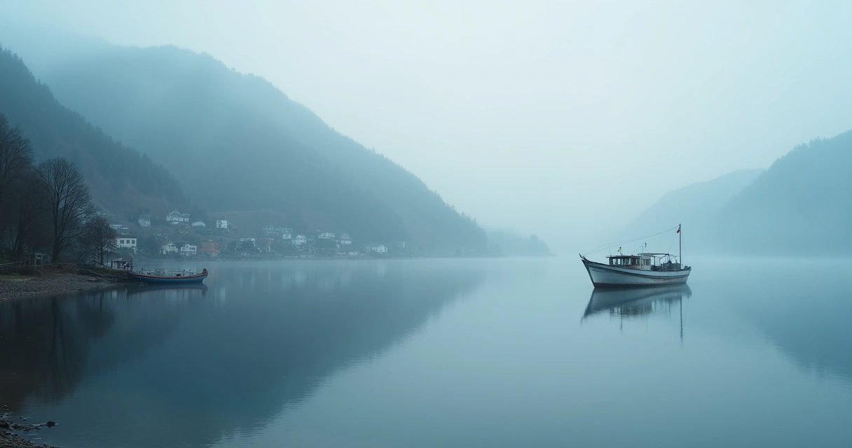 Lago enevoado ao lado de uma pequena vila na montanha ao nascer do sol