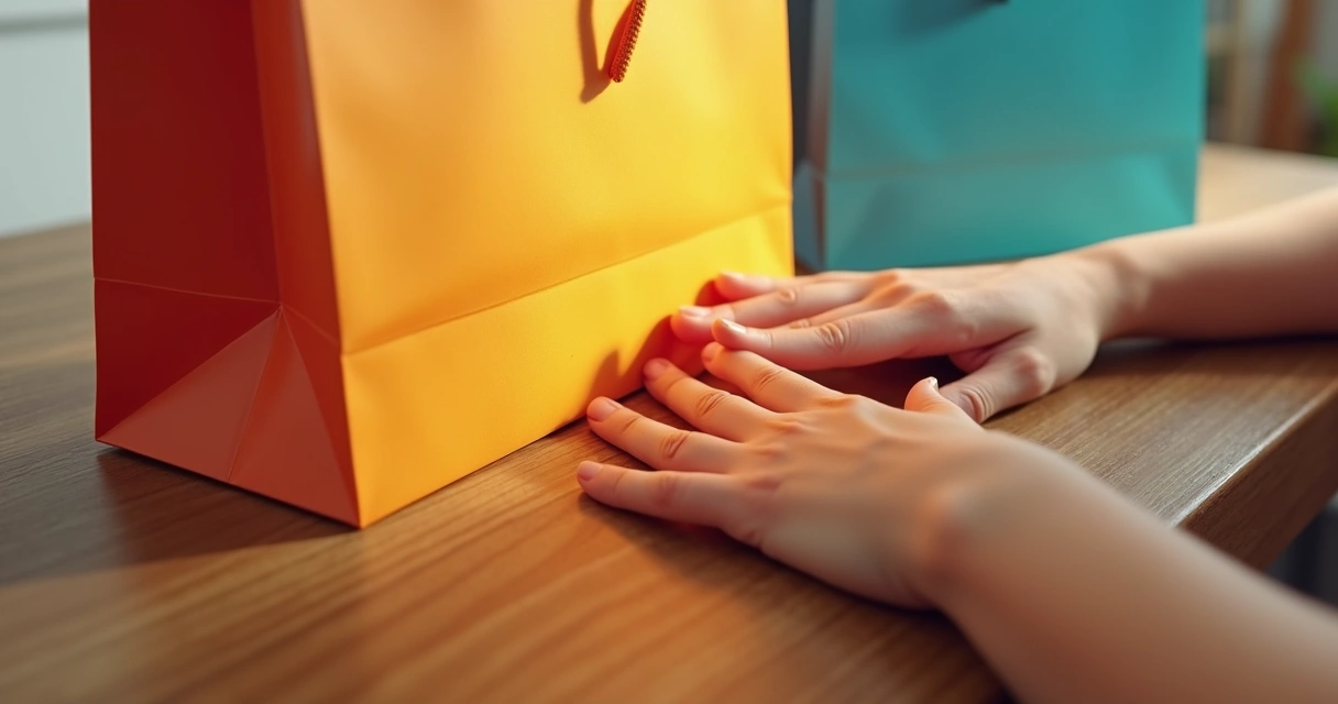 Sacola laminada ao toque com acabamento fosco e detalhes coloridos 