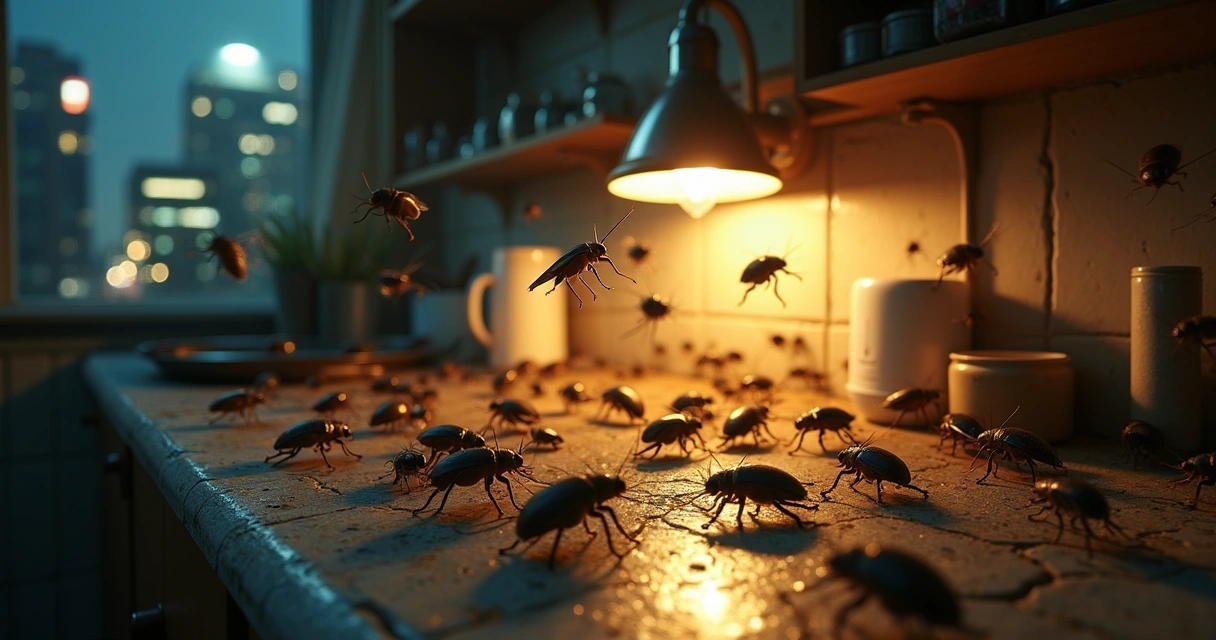 Moscas e baratas próximas a uma lâmpada em ambiente urbano à noite 