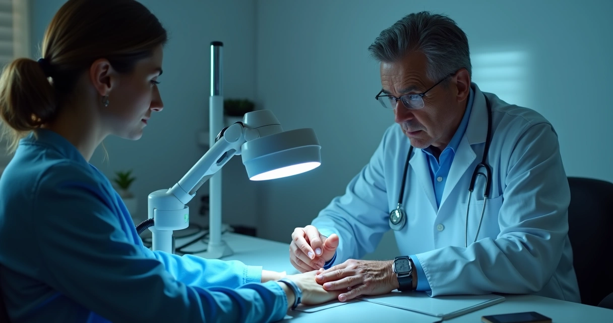 Dermatologista examinando lesão de vitiligo com lâmpada de Wood 