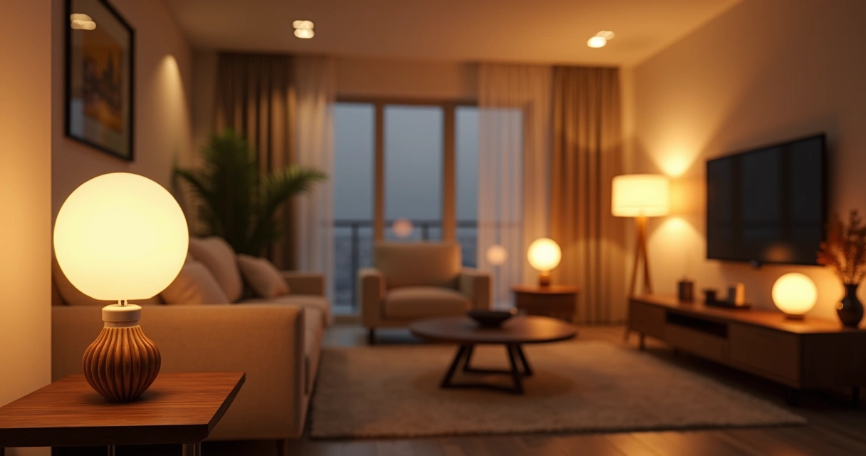 Lâmpadas LED acesas em um cômodo residencial, com luz suave e ambiente organizado.