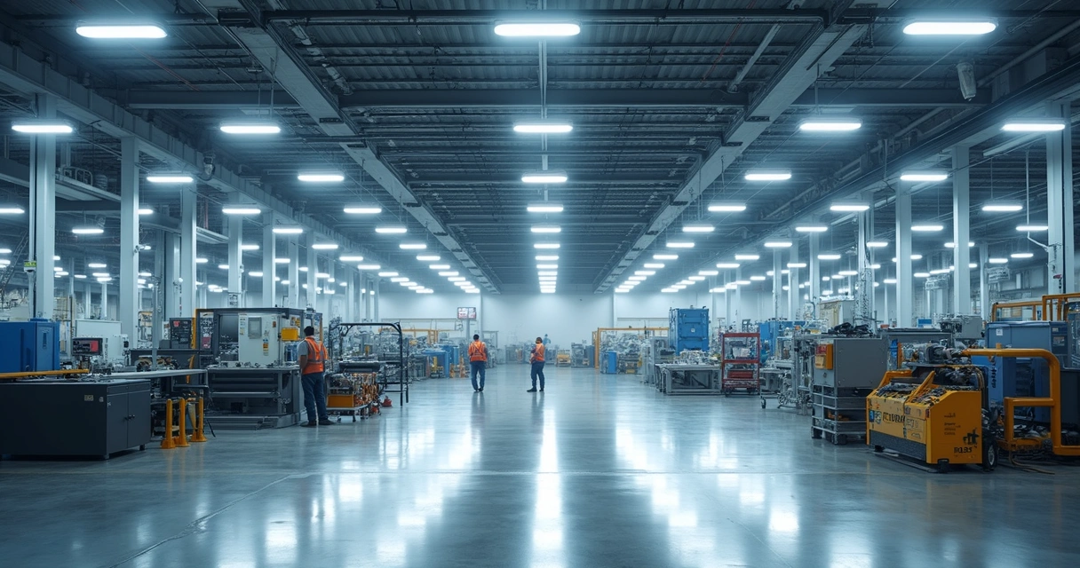 Instalação de luminárias LED industriais em linhas no teto de uma fábrica ampla. 