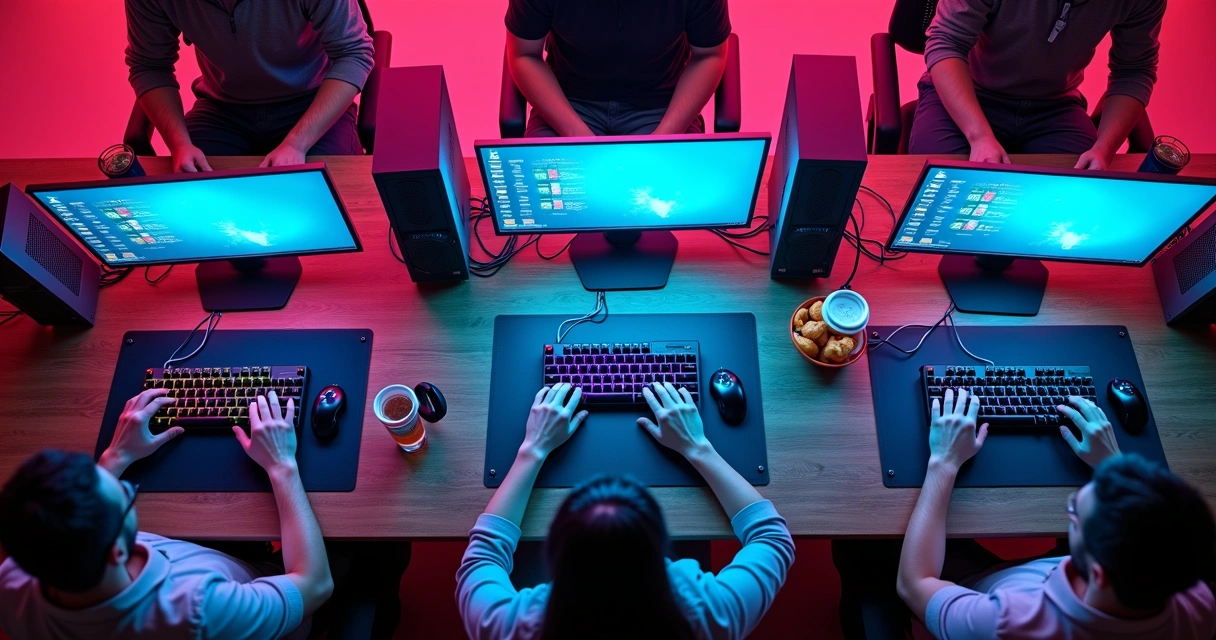 Room set up for a PC LAN party with multiple monitors and cables 