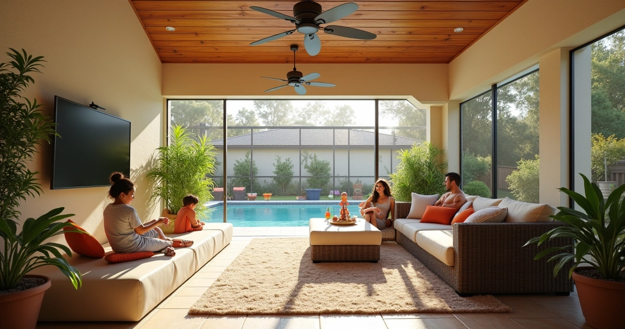 Family using a multi-functional Florida lanai with storage, rugs, and planters