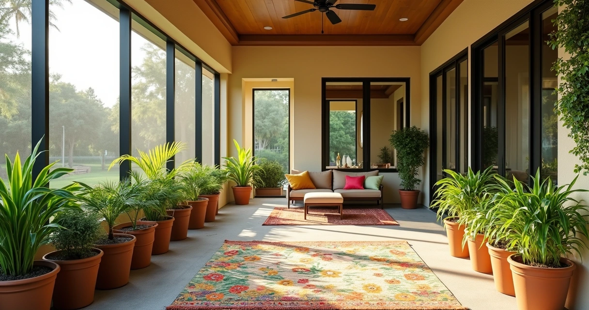 Lush potted plants and planters in a Florida lanai