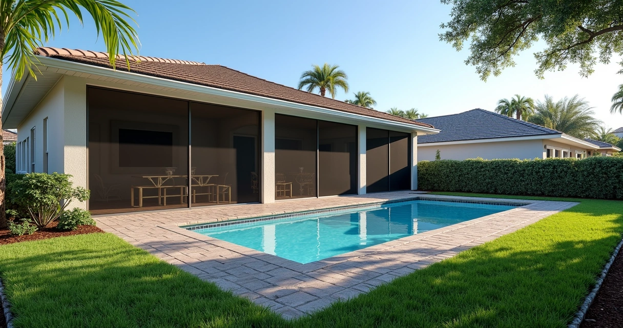 Upgraded lanai with new hurricane screens, pavers, and integrated drainage in Florida home backyard 