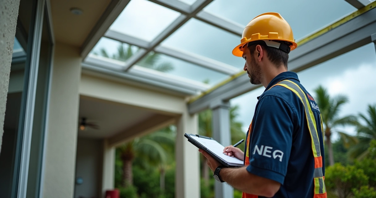 Lanai inspection process with technician evaluating an older screen enclosure in Central Florida 