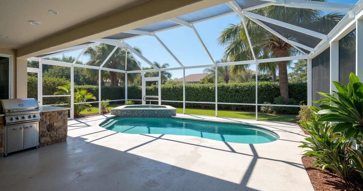 Covered lanai summer kitchen in Central Florida with pool cage