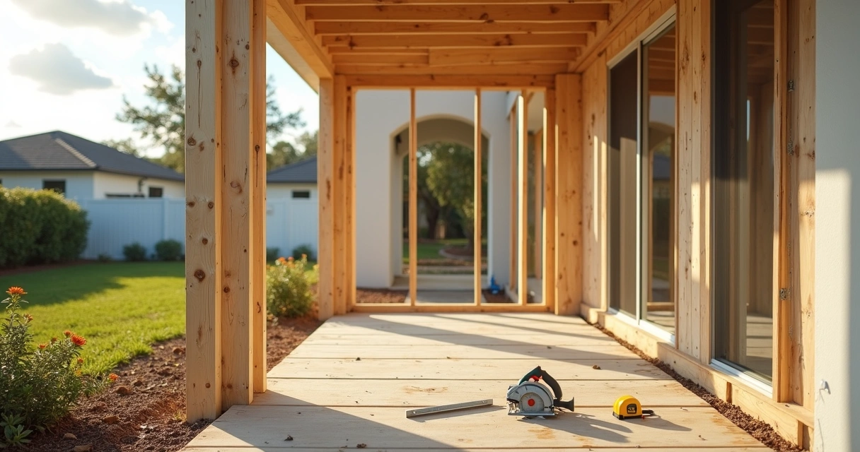 Orlando lanai showing side-by-side pressure treated and untreated wood framing 