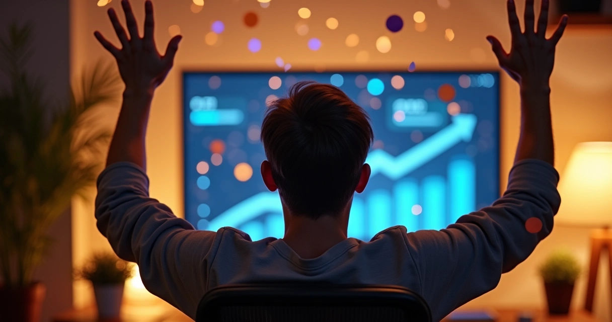 Pessoa comemorando lançamento bem-sucedido de curso online, tela mostrando aumento de alunos 