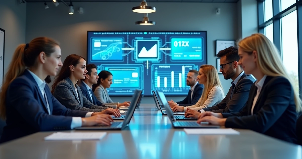 Profissionais de negócios reunidos em reunião estratégica focada em fintech B2B, com laptops, gráficos financeiros e tecnologia digital ao fundo 